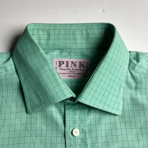 Thomas Pink green checkered cotton shirt F Cuff Sz 17 ~34 made in Ireland 🇮🇪 - Picture 8 of 10